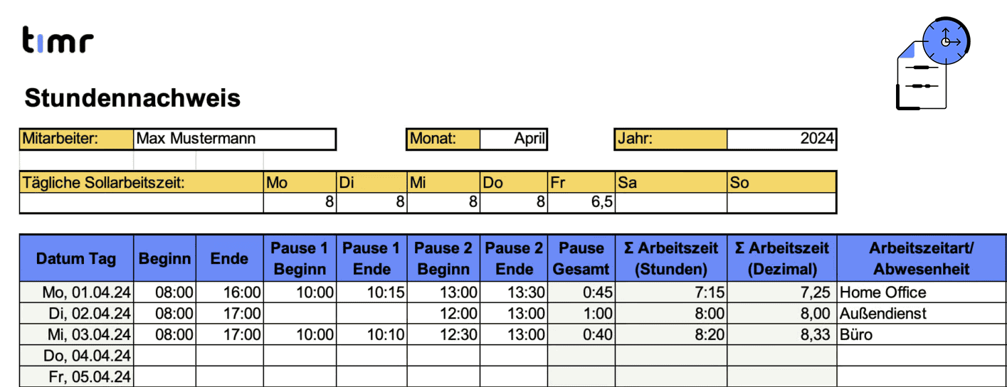 Arbeitszeitnachweis Kostenlose Pdf Excel Vorlage