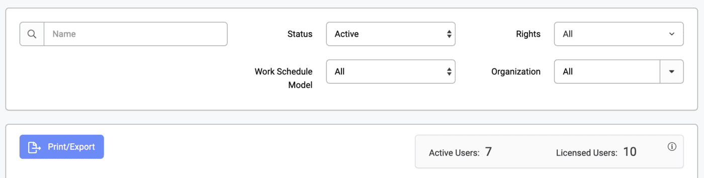 User administration filter