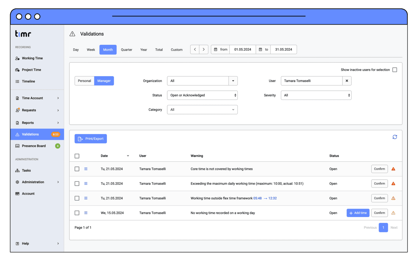 Validations admin view