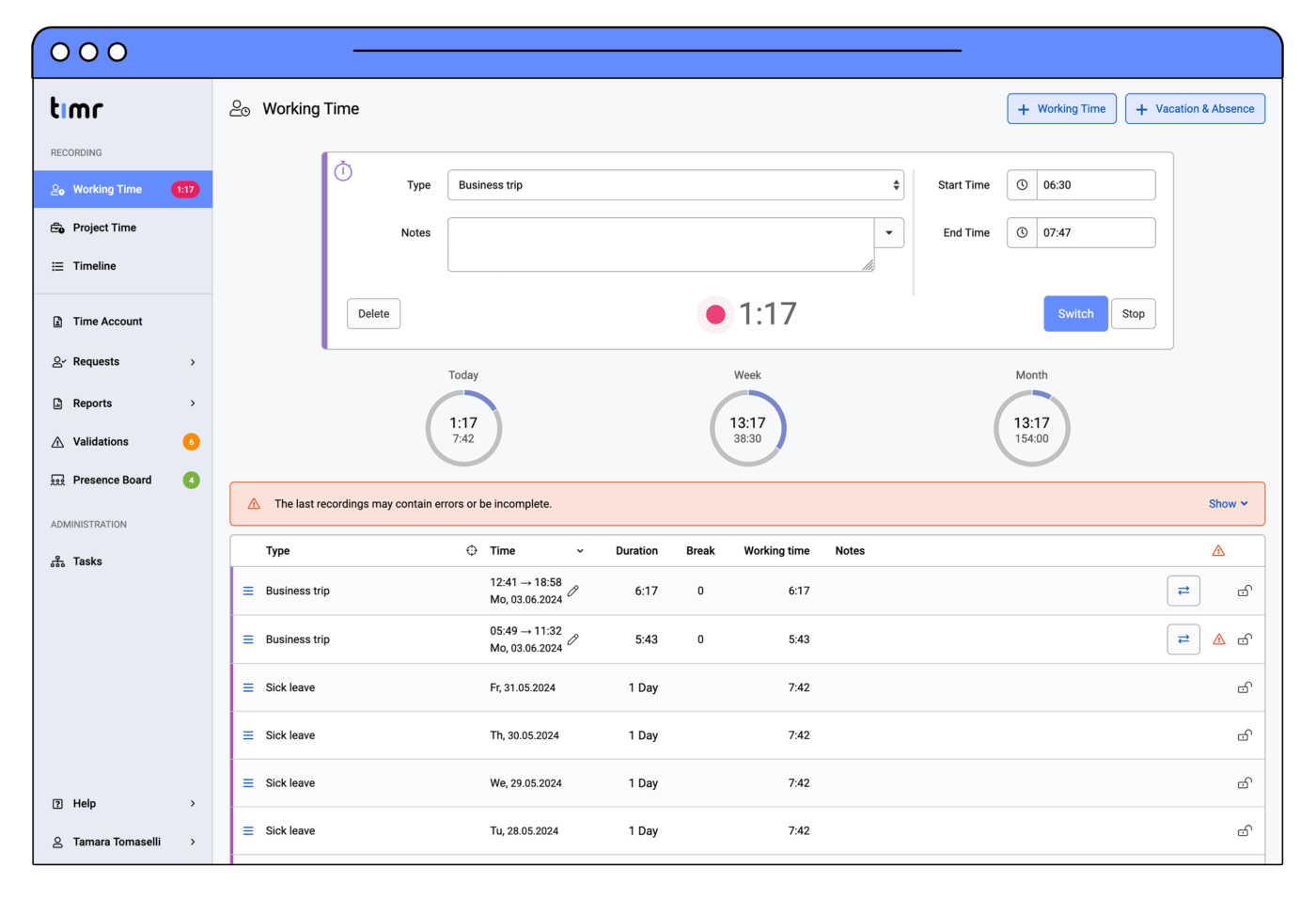 Validations table view