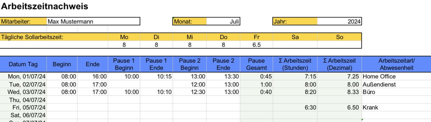 Arbeitszeitnachweis vorlage