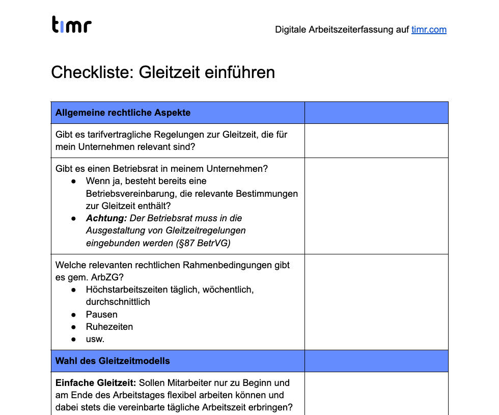 Checkliste - Gleitzeit einführen